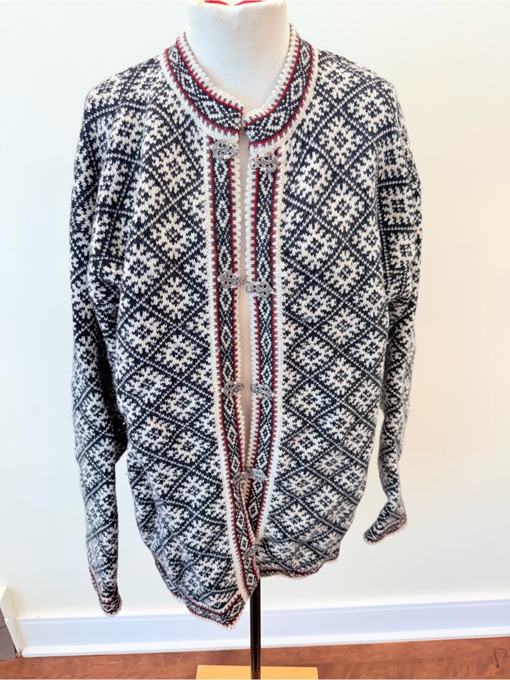Woman’s Nordic Pattern Knit Cardigan Sweater - Black & White with Red Trim
